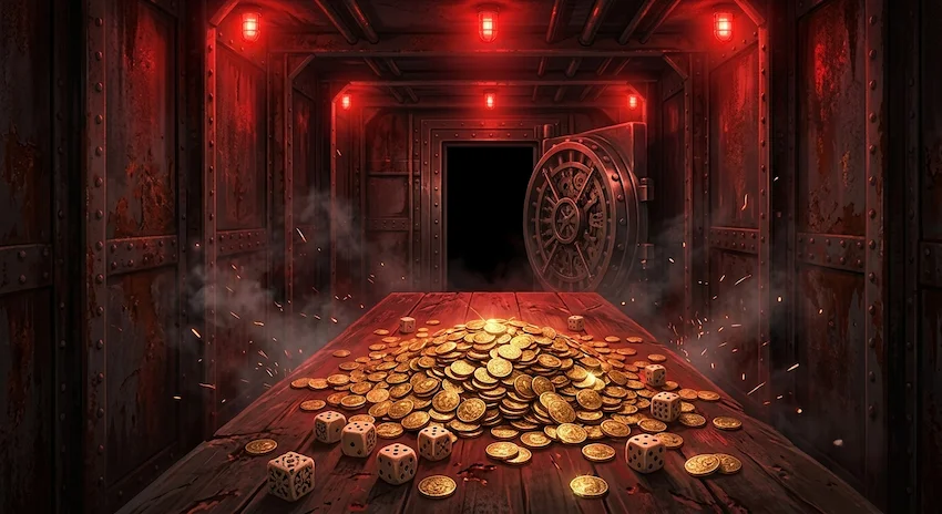 Leviathan prison ship interior with a gambling table, red lights, and iron doors.