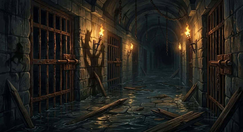 Master Key unlocks the dark, damp subterranean prison corridor with rusted iron doors and rising black water under dim torchlight.