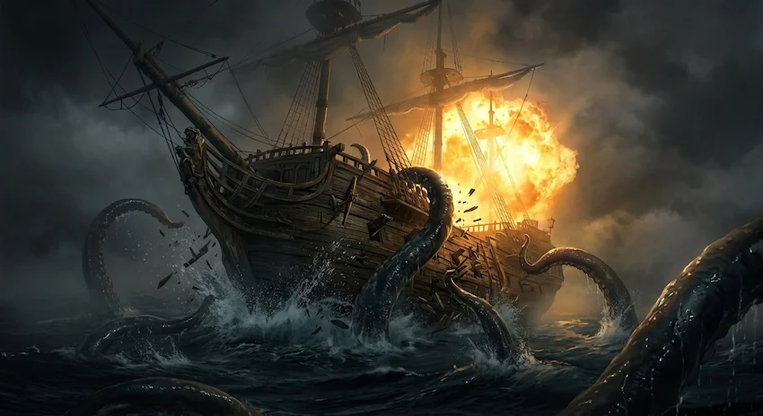 Mist thickens as a massive explosion illuminates giant, dark tentacles erupting from a black ocean to crush a wooden galleon.