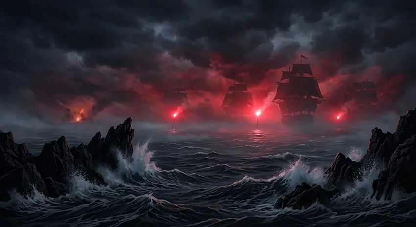 Ocean waves crashing against jagged black reefs under a moonless night sky with distant burning ship embers.