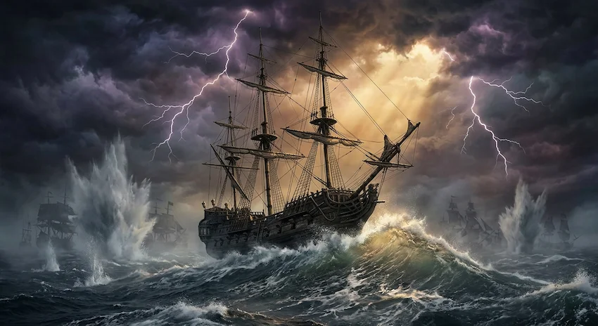 Ocean waves rising to impossible heights as a black galleon storms into a massive, dark hurricane between warring fleets.