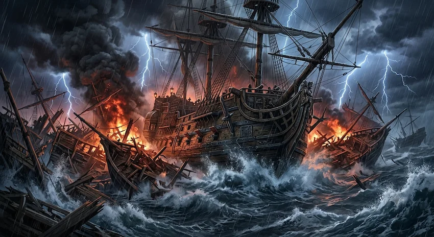 Ocean storm rages as a heavy galleon breaks through burning ship wreckage with cinematic lighting.