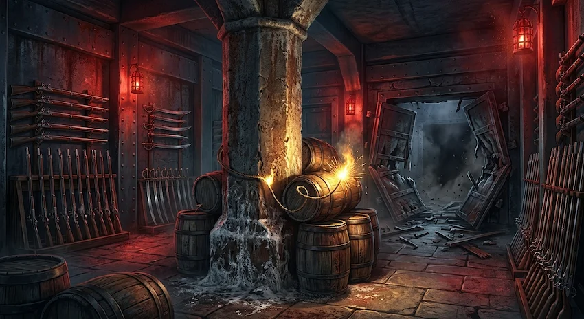 Prison armory interior with iron doors, weapons racks, and barrels of black powder stacked against a salt-corroded stone pillar under red alarm lights.