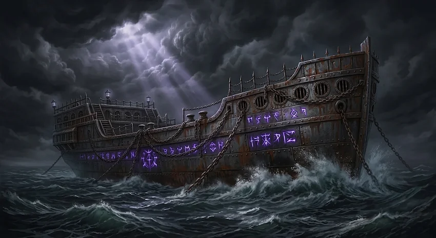 Prison ship with iron hull and glowing purple runes anchored in a dark, stormy sea.