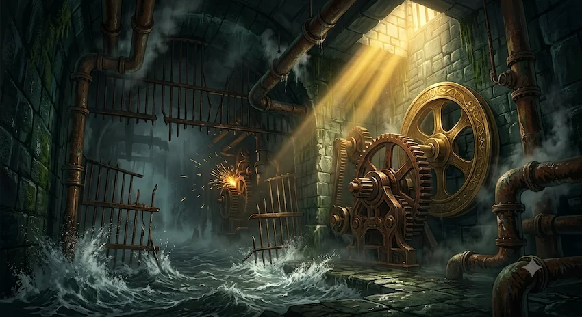 A massive rusted iron wheel in a dark reservoir surrounded by churning water and pressurized steam pipes.