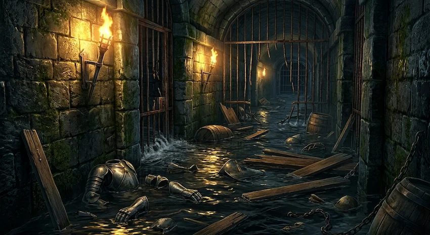 saltwater rushing through a dark, shattered stone corridor of a maritime prison with flickering torchlight.