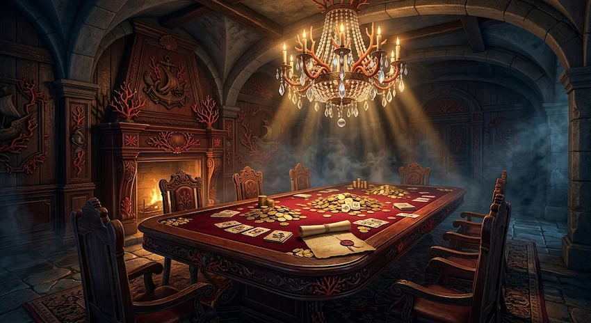 Sanctum of the Crimson Citadel featuring an ornate gambling table covered in gold coins, cards, and a forged deed.