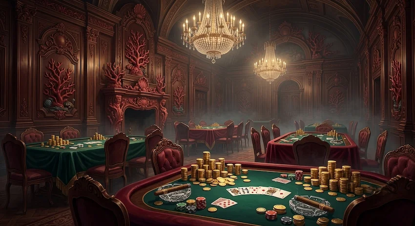 Sanctum of the Crimson Coral Citadel featuring velvet tables, gold coins, and crystal chandeliers in dim light.