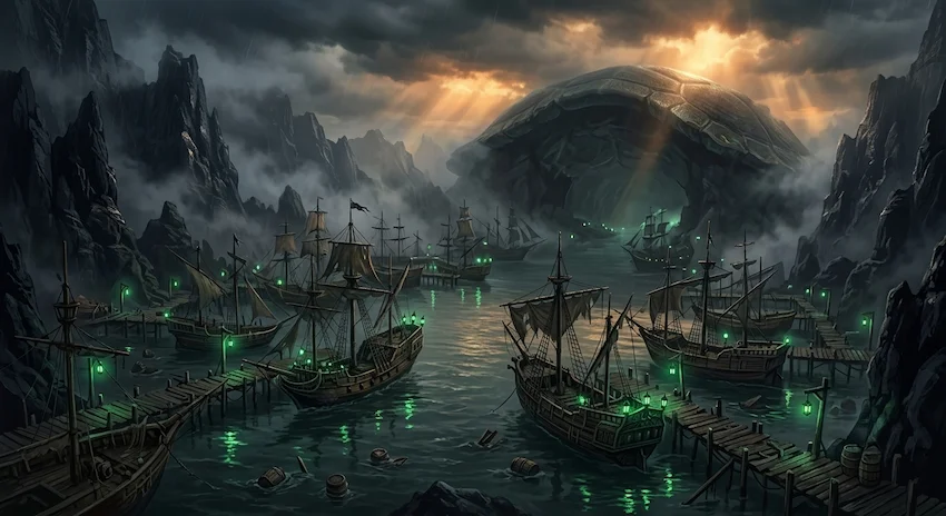 Sea fog rolls into the dark, chaotic harbor of Turtle Island, illuminating rickety docks and shadowed smuggler ships.
