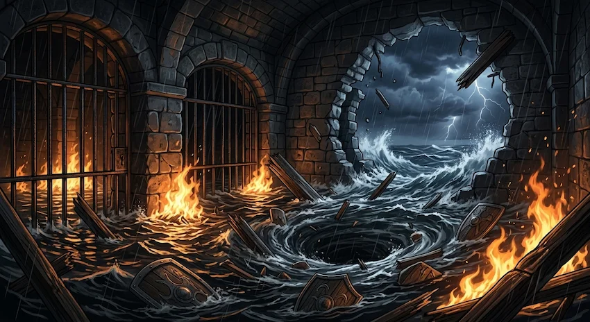 seawater rushing violently through a massive blasted hole in a dark stone prison wall, illuminated by intense orange flames.