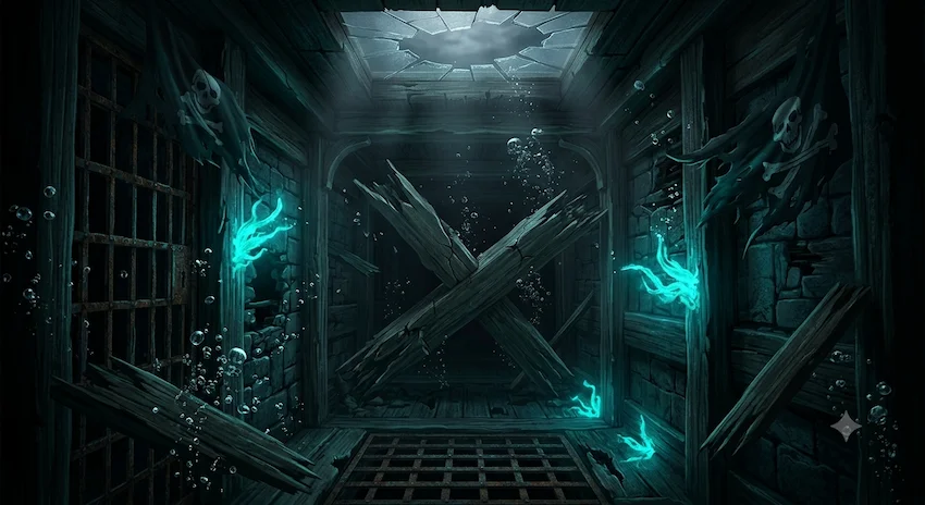 Shipwreck interior completely flooded with dark water, glowing algae, and broken wooden beams blocking the path.