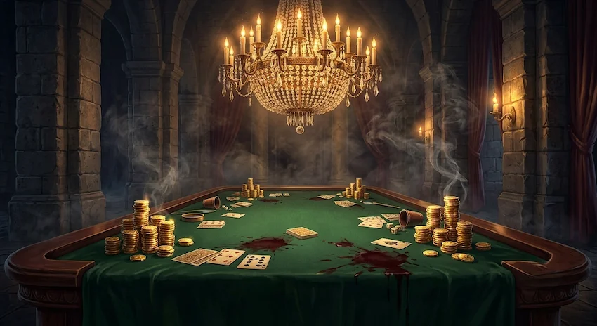Silence fills the opulent VIP room featuring a luxurious poker table scattered with high-stakes chips as a chandelier falls.