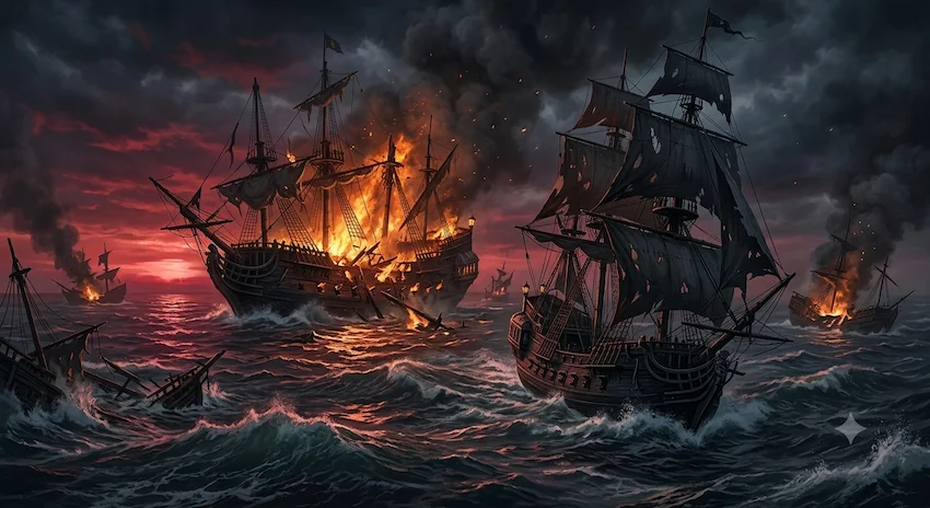 Smoke rising from the burning wreckage of pirate galleons in the stormy ocean, cinematic lighting, 8k resolution.