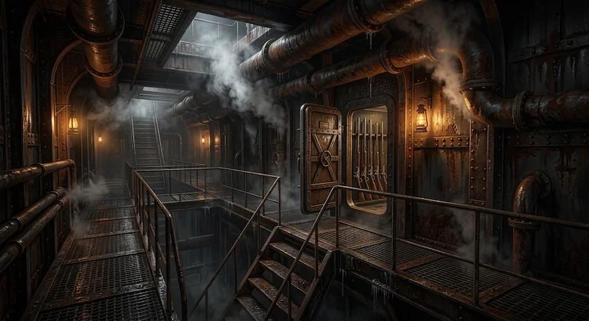 Steam billowing through the claustrophobic, rusted metal corridors and catwalks of a massive iron prison ship under dim amber lighting.