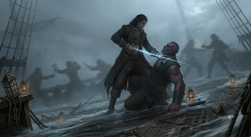 Rapier, Lucian pins Draco on the tilted deck of a sinking ship, demanding the location of his stolen flagship.