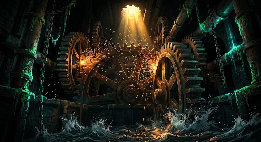 Massive, rusted bronze gears grind violently above churning, pitch-black water in a dark cavern illuminated by orange sparks and phosphorescent moss.