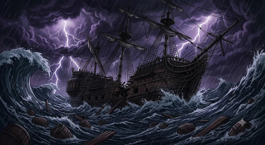Timber debris floats in a dark, violent ocean storm where a massive damaged galleon fights monstrous rogue waves.