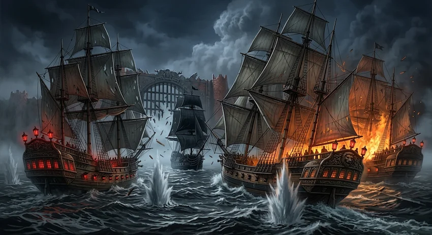Vanguard of heavily armed galleons surrounding a sleek black ship in a stormy, explosive naval battle at night.