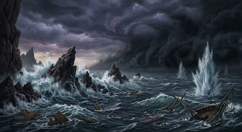 Vanguard ships firing into the treacherous reef zone of the Rusty Anchor, pushing a vessel toward a massive wall of unnatural black mist under a stormy sky.