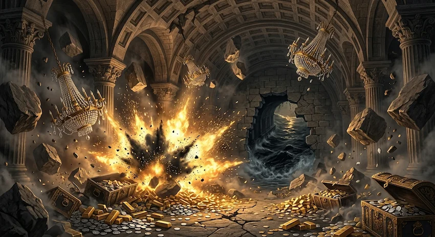 Vault collapsing with a massive explosion of fire and gold dust, revealing a dark underground water channel.