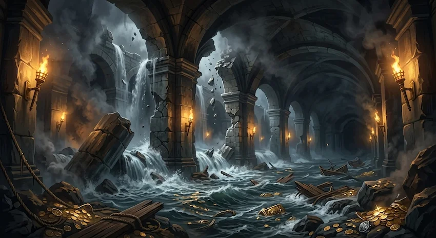 Vault with crumbling stone walls and rushing dark water swallowing the ancient ruins. Caption: The destruction of the pirate citadel's secret vault.