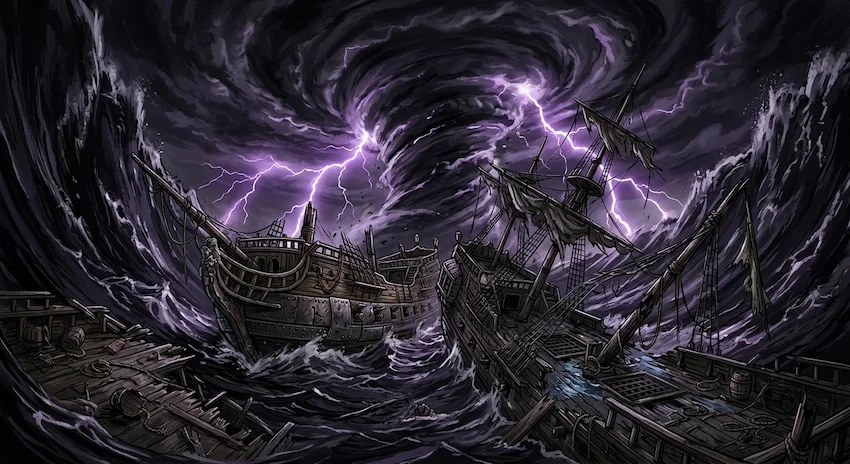 vortex of a deadly hurricane tossing two massive, damaged galleons as lightning strikes the churning ocean.