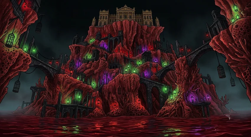 Wind blowing across the glowing red coral reef fortress rising from a crimson sea, illuminated by eerie neon and purple lanterns under a dark night sky.