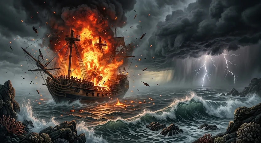 Wreckage of an 18th-century wooden ship burning in a foggy shallow sea with jagged rocks and crashing waves under a stormy sky.