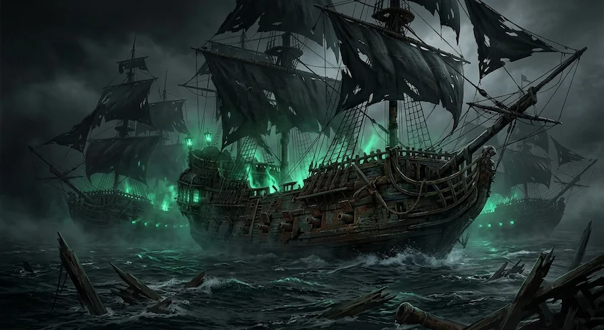 Wreckage floats on a dark ocean as rotting ancient galleons with spectral green lights emerge from dense black fog.