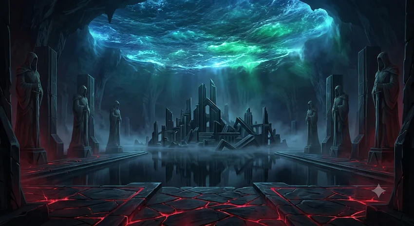 Cavern of the inverted sea glowing with bioluminescent blue, featuring black obsidian ruins and towering faceless stone statues.