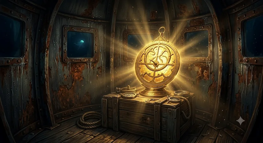 diving bell interior illuminated by a glowing golden astrolabe amidst pitch black waters. Caption: The golden light of the Celestial Compass inside the dark bell.
