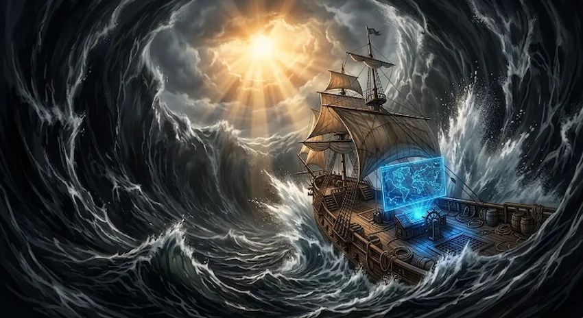 Maelstrom swirling with violent ocean currents around a colossal vortex as a wooden ship descends into the dark abyss under a stormy cinematic sky.