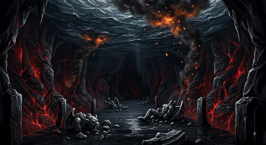 Obsidian cavern with an inverted ocean ceiling, featuring shattered ancient stone gargoyles and glowing red magical veins.