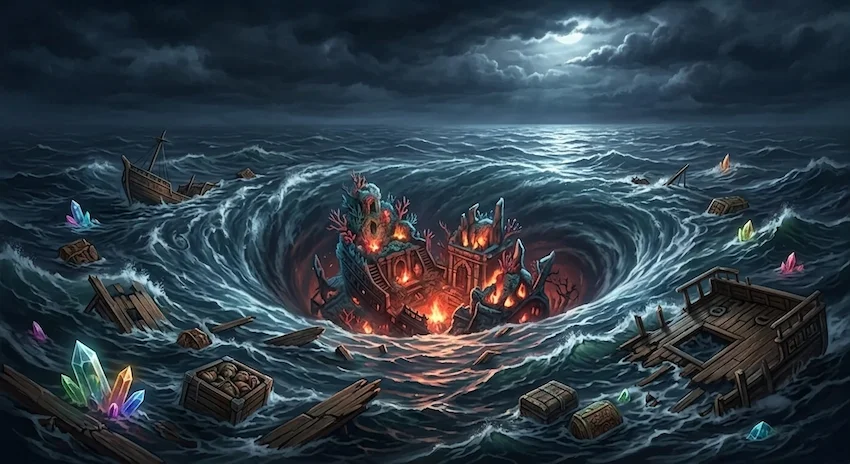Ocean whirlpool swallowing the remains of the glowing coral fortress under a stormy night sky.