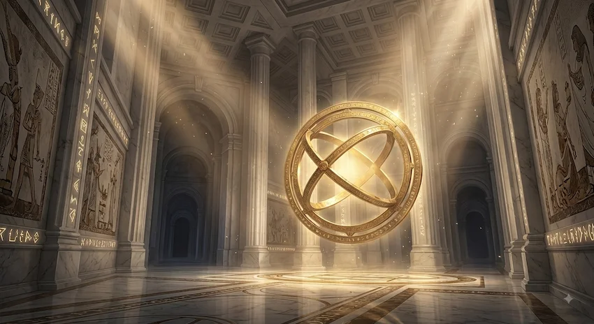 Sanctum featuring a massive golden astrolabe, illuminated by glowing runes and ancient murals on the white marble walls.