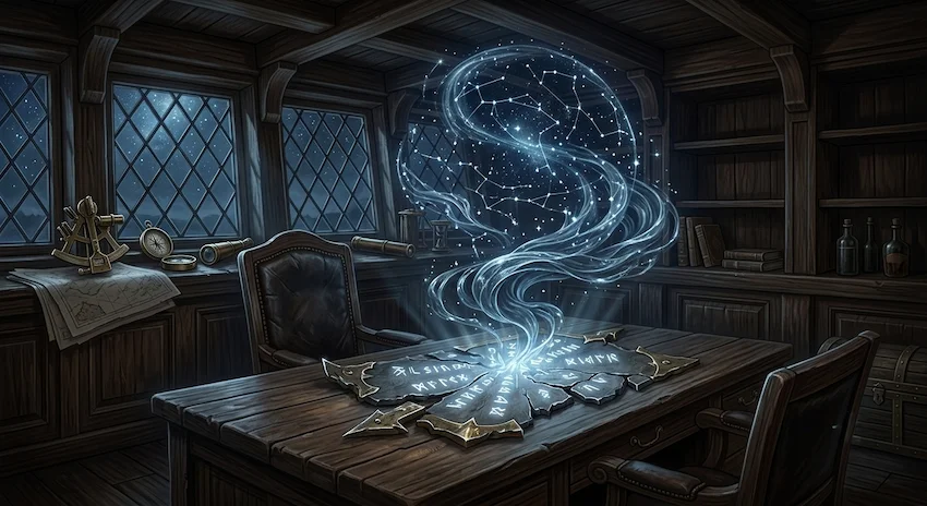 starlight illuminating a metallic map fragment on an oak desk inside a dimly lit captain's cabin, surrounded by navigation tools.