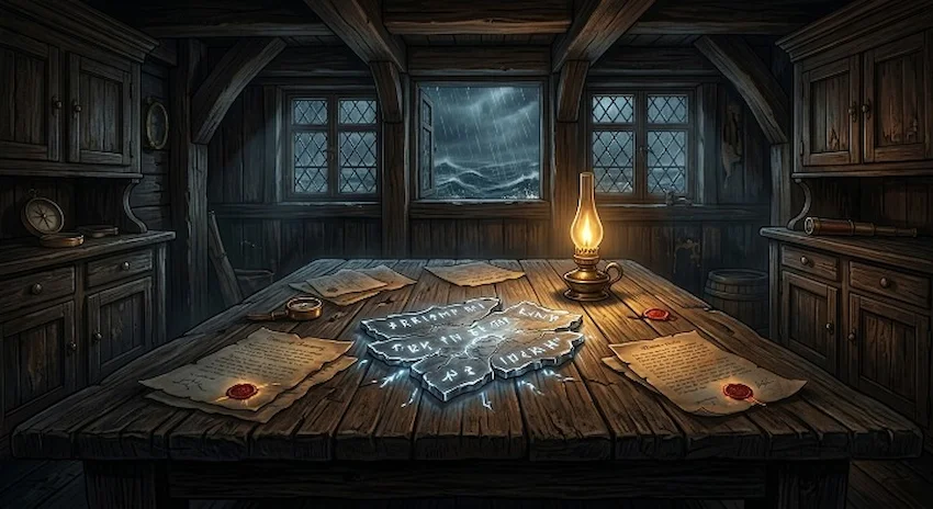 treaty documents with a red wax seal and a glowing metallic fragment lay on an oak table inside a dark galleon cabin.
