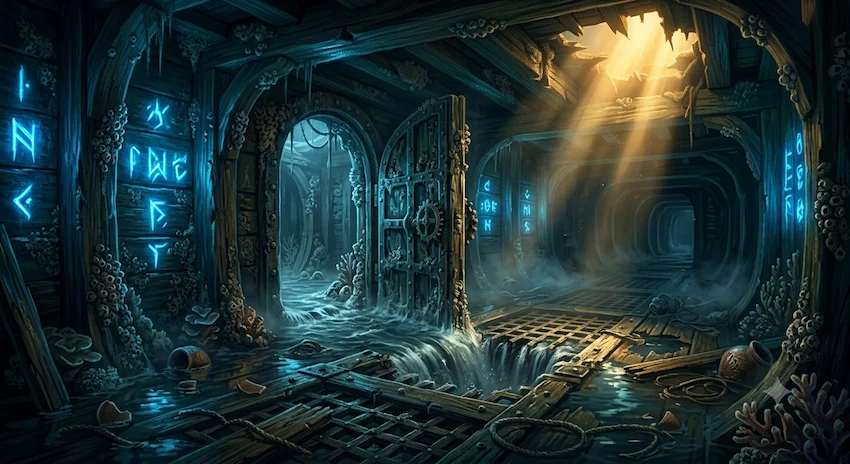 Runes glowing with bioluminescent blue light inside the dark, damp, and rotting wooden interior of a massive ancient sunken galleon.