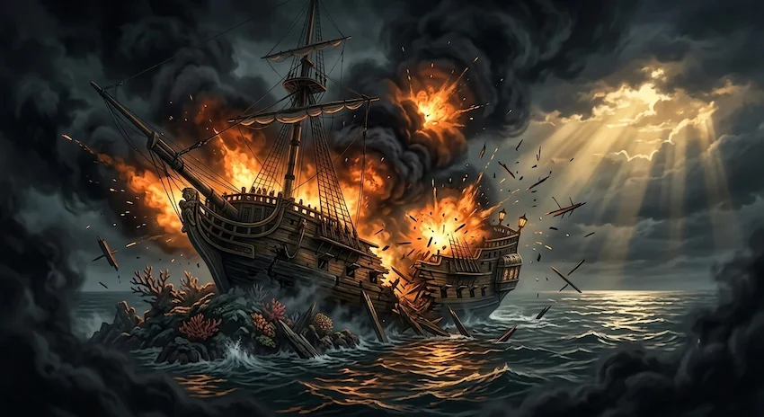 Bombardment flashes illuminate a massive, decaying galleon shipwreck in thick black mist, with splintered wood and explosive fire.