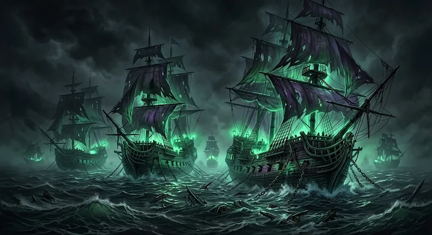 Fog swirling around rotting ghost ships with glowing green lights in the black ocean.