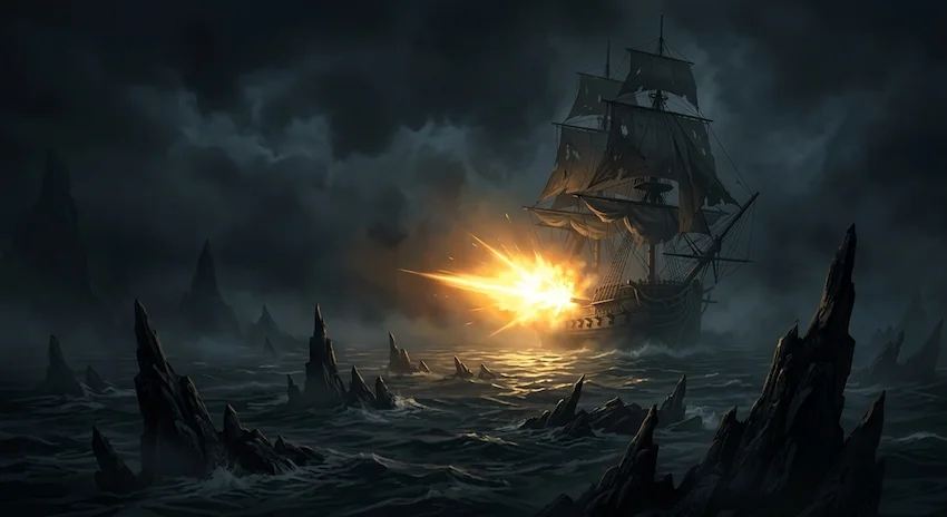 fog enveloping massive galleons navigating a deadly maze of jagged reefs while distant cannon flashes illuminate the dark, stormy ocean.