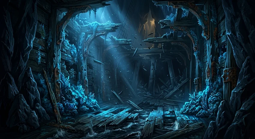 Galleon wreckage shrouded in thick black fog with massive wooden beams towering over dark waters.