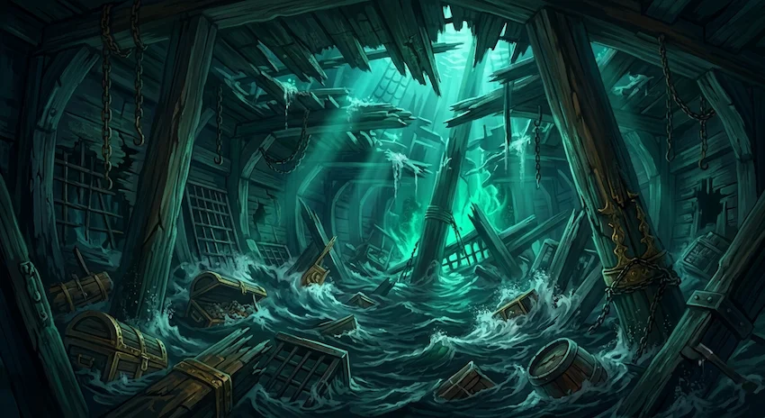 Galleon underwater chamber illuminated by emerald abyssal glow with splintered oak beams and rising foam