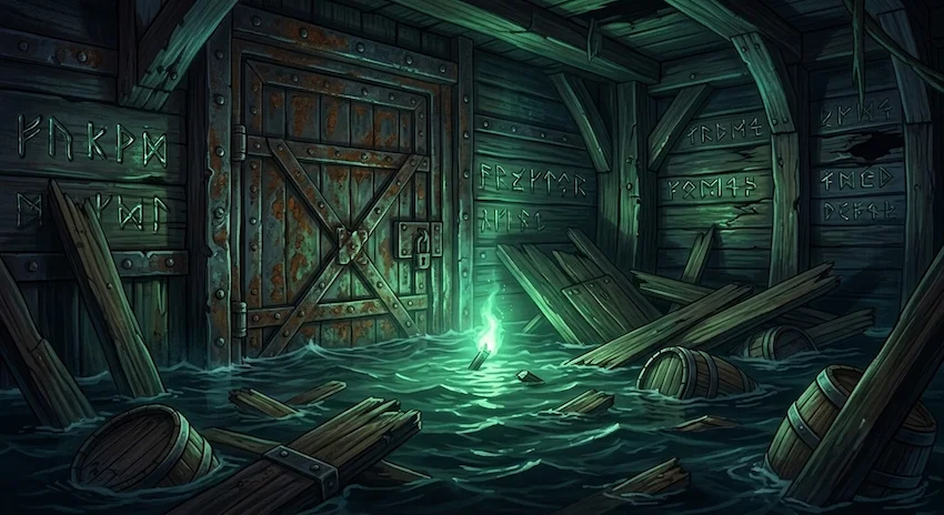 Galleon interior flooding with dark water, metallic runes faintly glowing on rusted iron walls in the claustrophobic darkness.