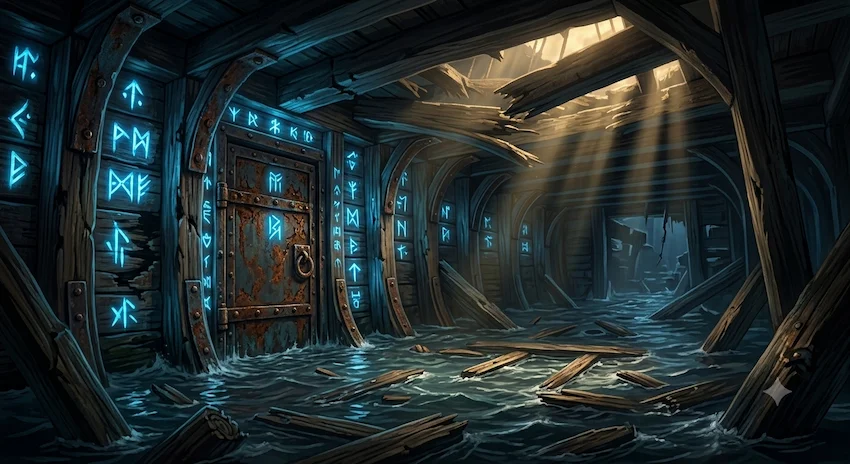 Galleon interior filling with black water, glowing blue ancient runes on wooden walls, wooden splinters floating in the dark.