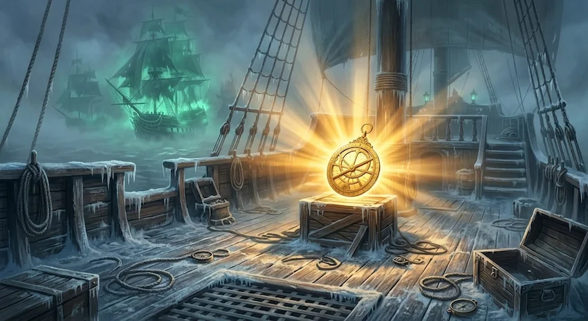 galleons of a spectral nature looming in the fog as a golden astrolabe glows brightly on a frosted deck.