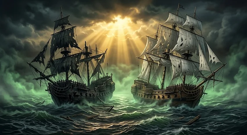 Mist enveloping battered wooden ships on dark waters under heavy fog