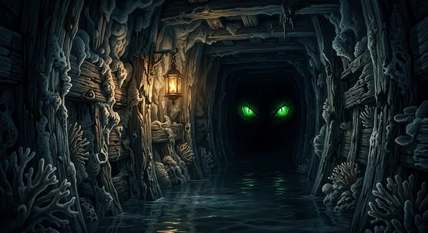ribs of an ancient petrified galleon wreckage frame deep darkness from which two massive glowing green eyes emerge.