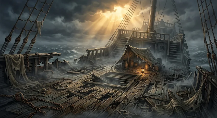 Shipwreck deck of a crumbling ancient galleon shrouded in thick eerie fog with flickering lantern light and a stormy ocean.