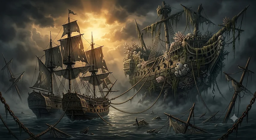 shockwave of golden light fades as damaged ships dock at a colossal petrified galleon hidden in dense black mist.